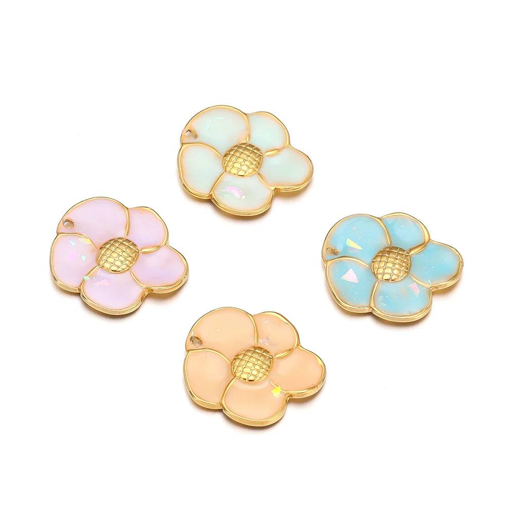 Enamel Flowers, Single Hole Charms, Stainless Steel, 5pcs