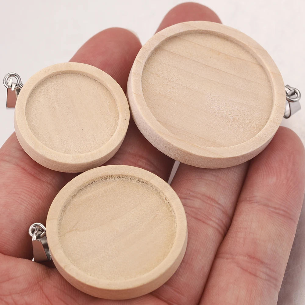 Natural Wooden Cabochon Base Blanks, Stainless Steel Pendant Trays, 10pcs 20/25/30/40mm