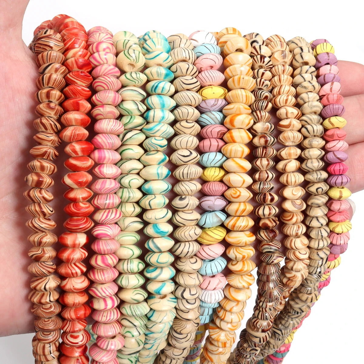 Color Striped Abacus Wooden Beads in a Water Flow Pattern, 1 Strand