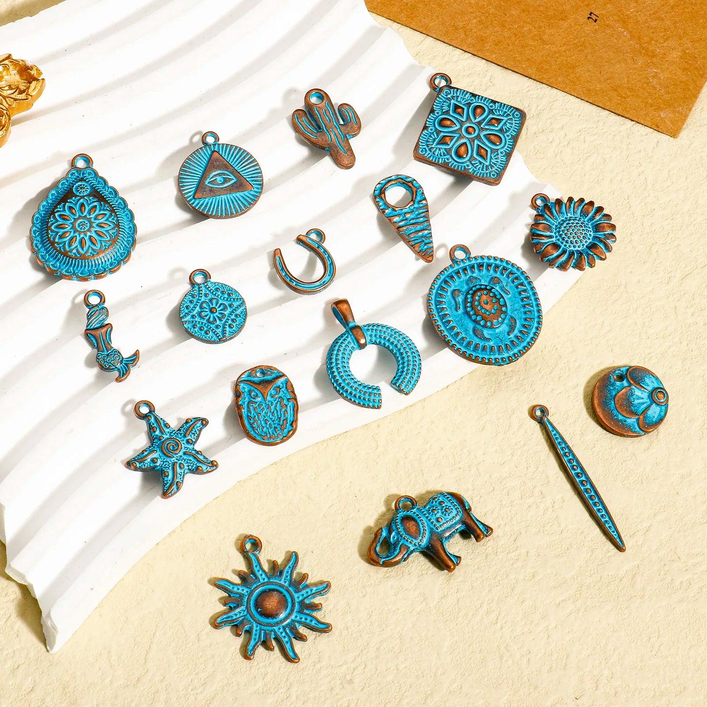 Bohemian Ocean Jewelry Charms  in Antique Copper Blue Patina 20pcs