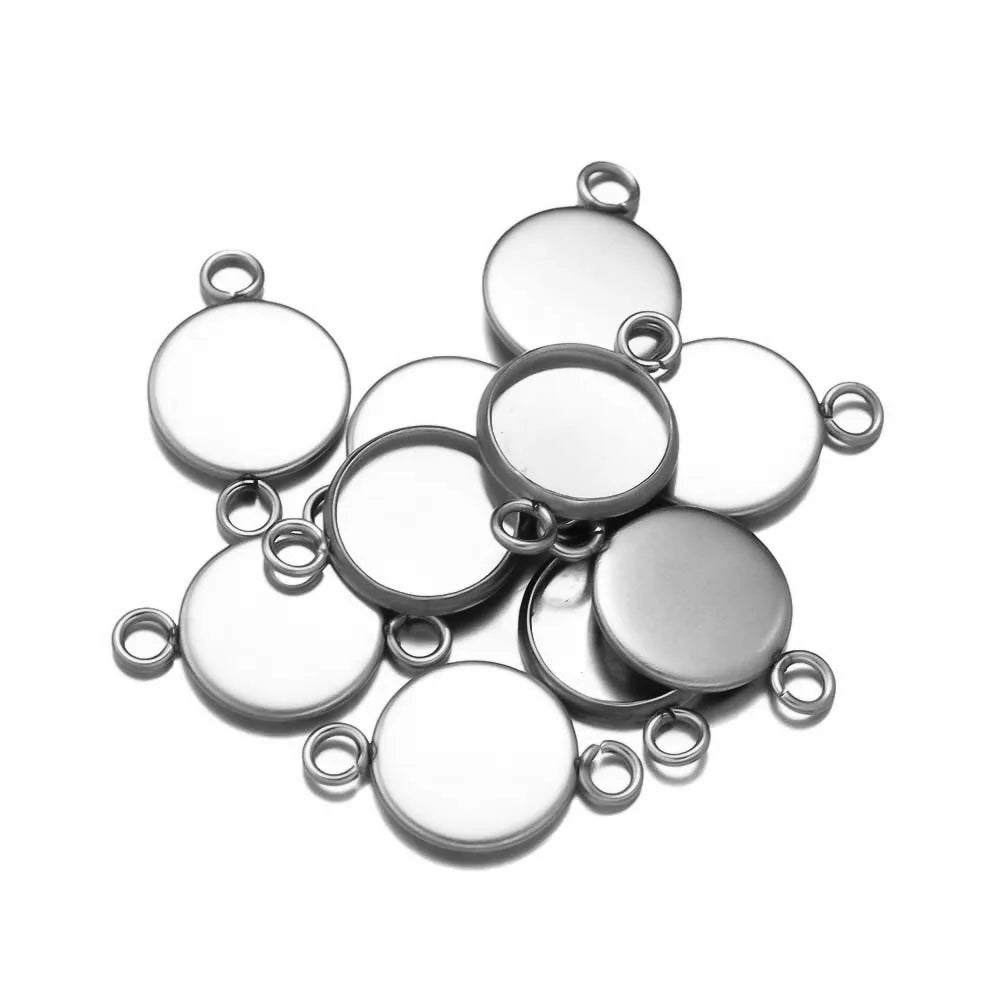 Stainless Steel Round Connectors, Blanks for setting Cabs, Bezel Pendants, 10pcs