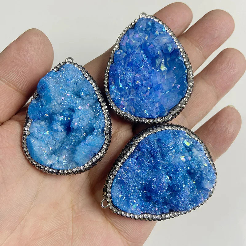 Sparkling Blue Druzy Quartz Pendants, Raw Stone Crystal Agates, Connectors and Charms, 1pc