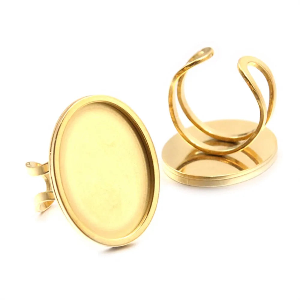 Gold Oval Cabochon Ring Blanks, 2pcs Stainless Steel Base Settings, Adjustable Size