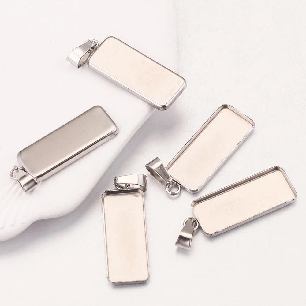 Rectangle Stainless Steel Cabochon Base Charms, Blank Pendant Setting Trays With Bails , 10pcs 10*25mm