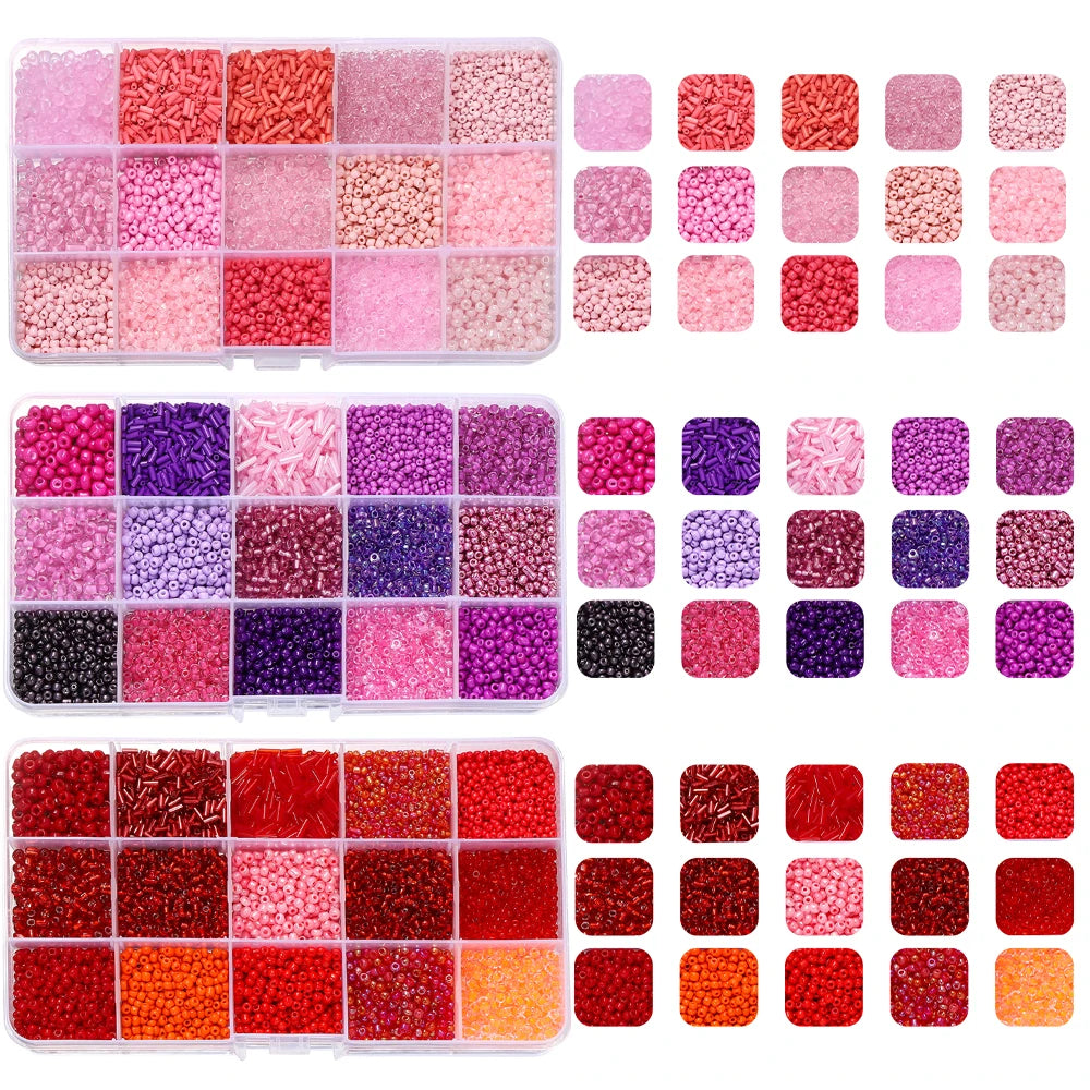 Sweet Glass Seed Bead Box Collections, 15 Grid Glass Seed Bead Sets, Spacer Beads , 2-7mm mix