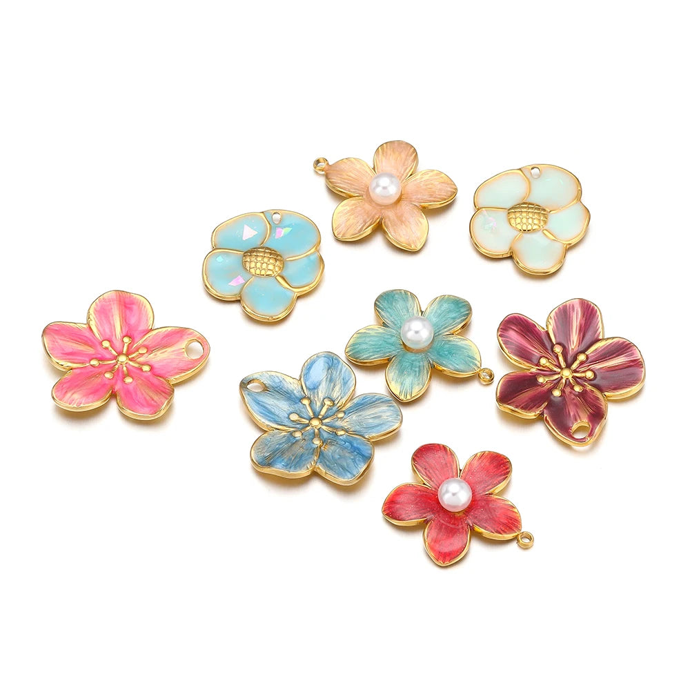 Enamel Flowers, Single Hole Charms, Stainless Steel, 5pcs