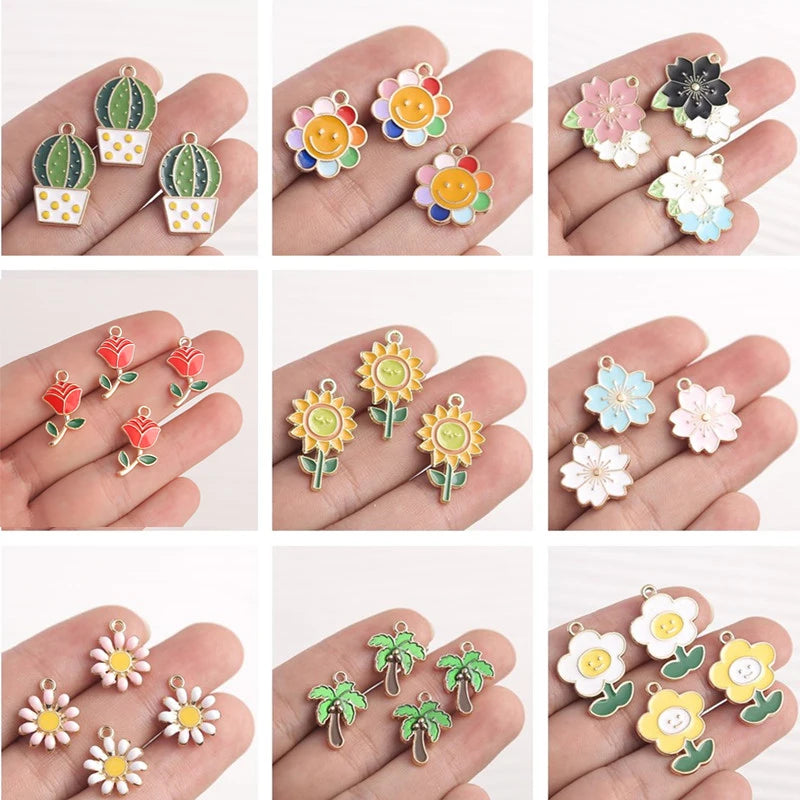 Happy Cactus and Flowers Colorful Enamel Charms, 10pcs