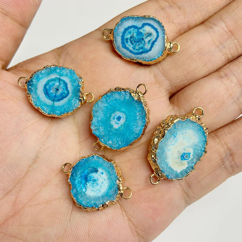 Sparkling Blue Druzy Quartz Pendants, Raw Stone Crystal Agates, Connectors and Charms, 1pc