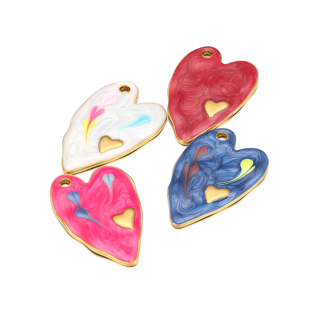 Single Hole Heart Enamel Charms, 5pcs, 18k Gold Plated Stainless Steel