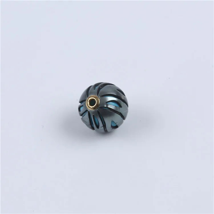 Peacock Black Tahitian Pearl Bead, Carved With 18K Gold Fitting, 11-12mm