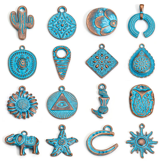 Bohemian Ocean Jewelry Charms  in Antique Copper Blue Patina 20pcs