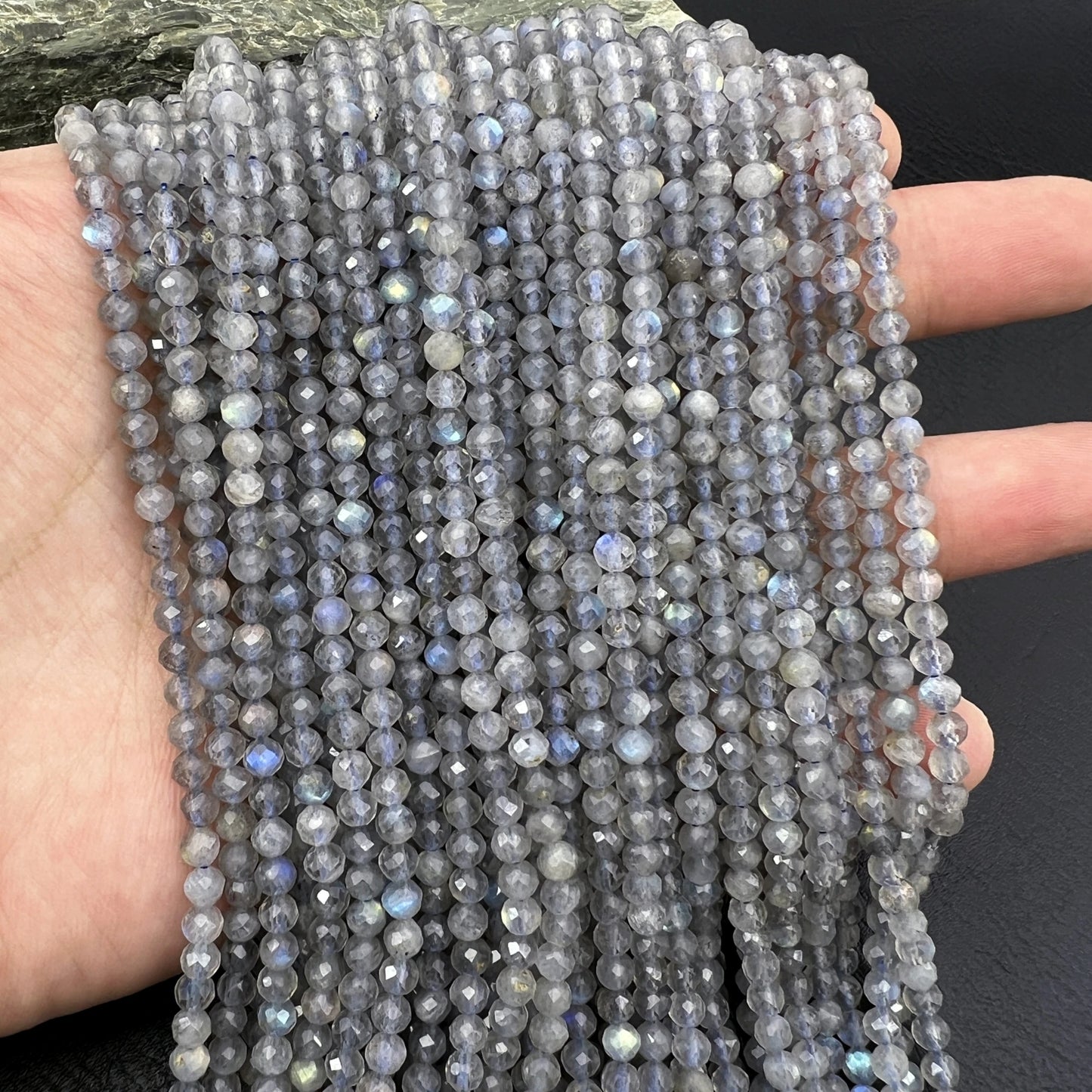 AAA 4MM Natural Stone Gray Labradorite Moonstone Beads, Round, Faceted, 5 Strands