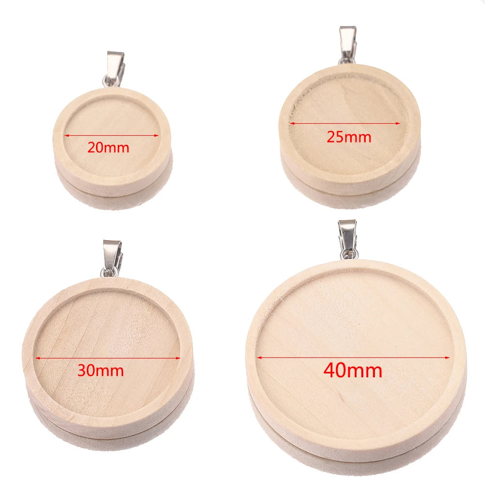 Natural Wooden Cabochon Base Blanks, Stainless Steel Pendant Trays, 10pcs 20/25/30/40mm