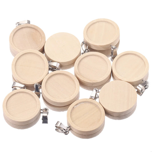 Natural Wooden Cabochon Base Blanks, Stainless Steel Pendant Trays, 10pcs 20/25/30/40mm