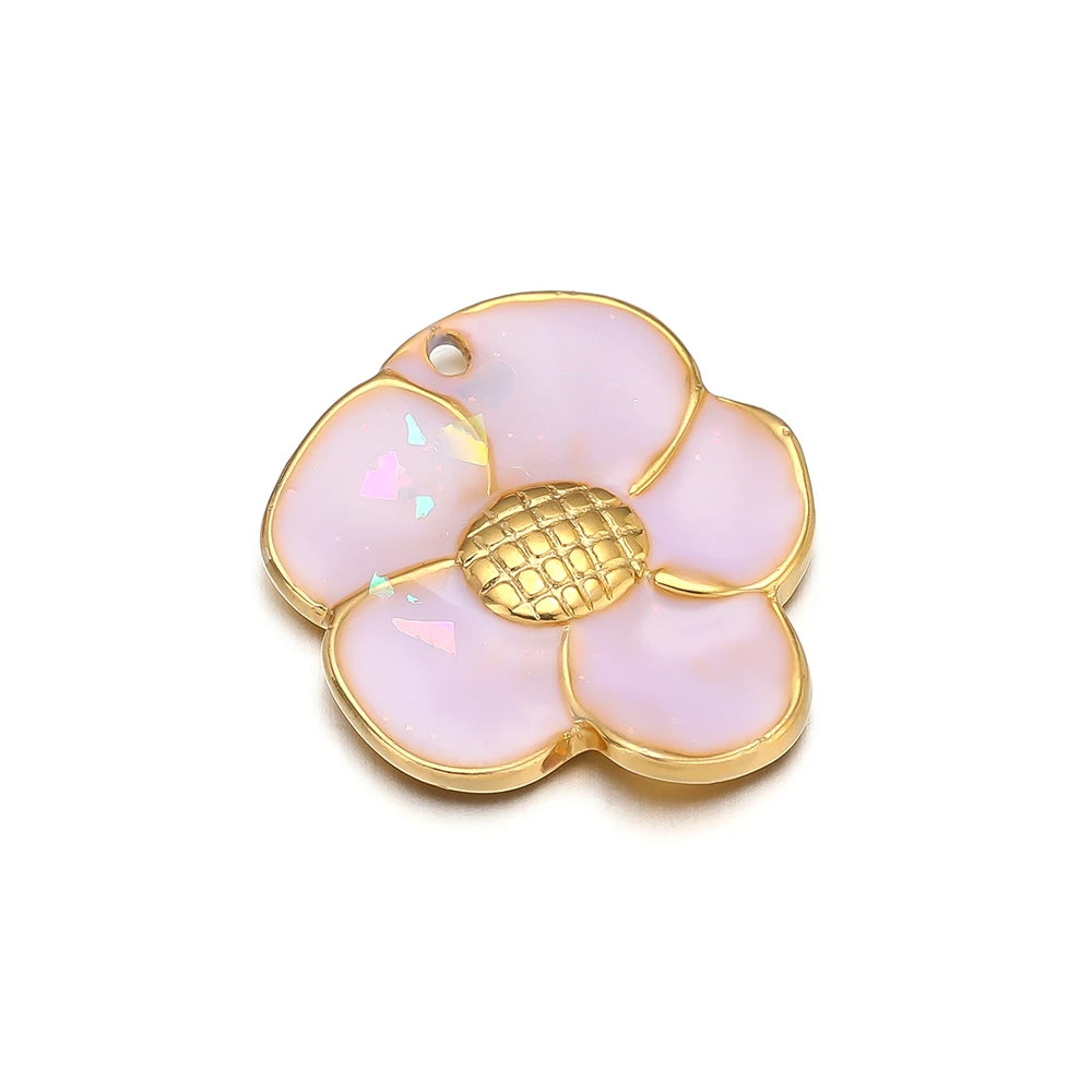 Enamel Flowers, Single Hole Charms, Stainless Steel, 5pcs