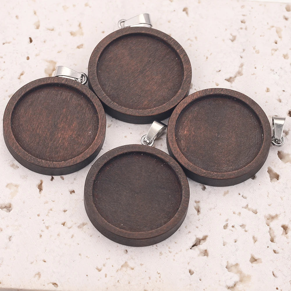 Brown Wood Necklace Pendant Blanks, Cabochon Cameo Base Trays, 10pc 20/25/30 mm