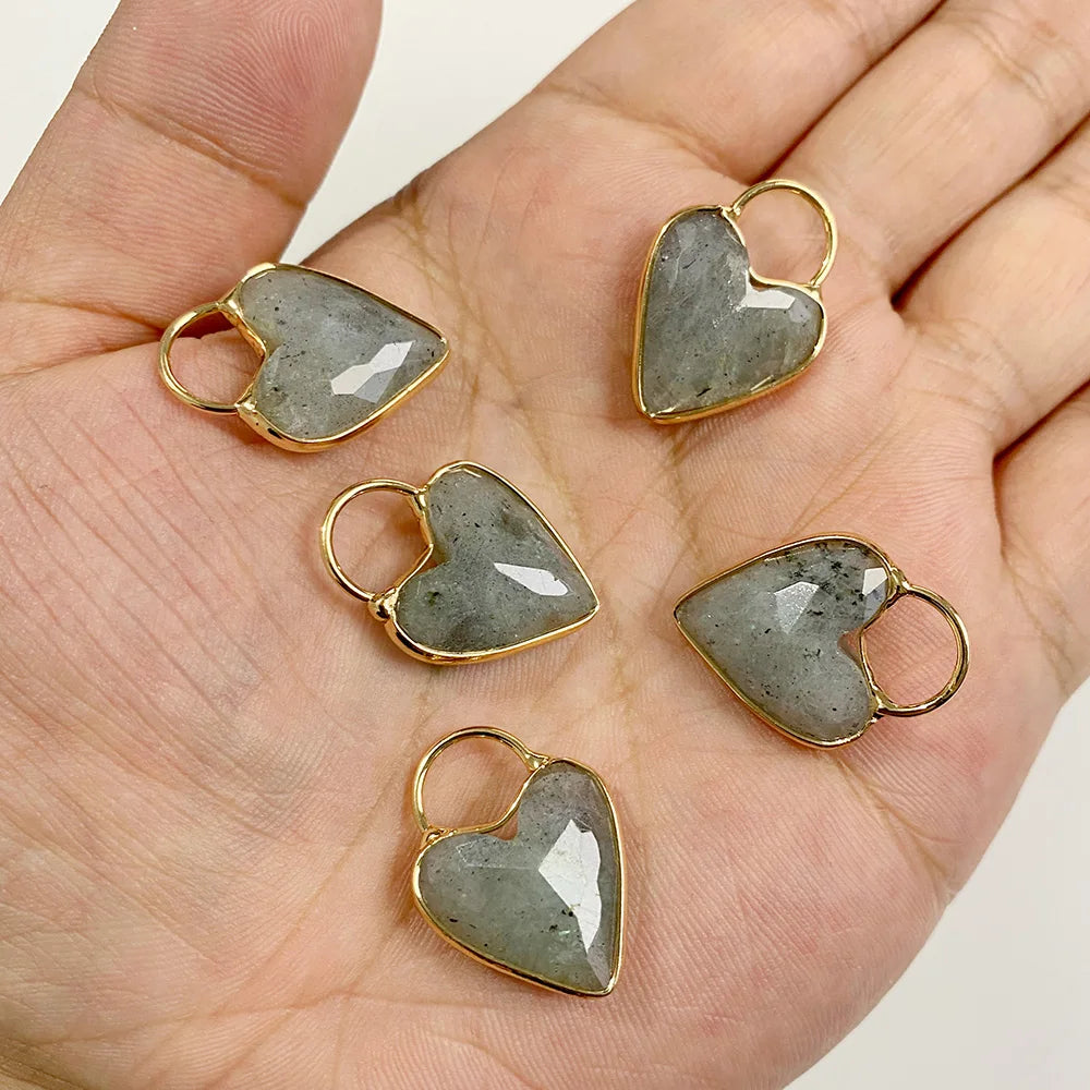 Gemstone Heart Pendants, Labradorite, Amethyst, Quartz, 2pcs 18x25MM