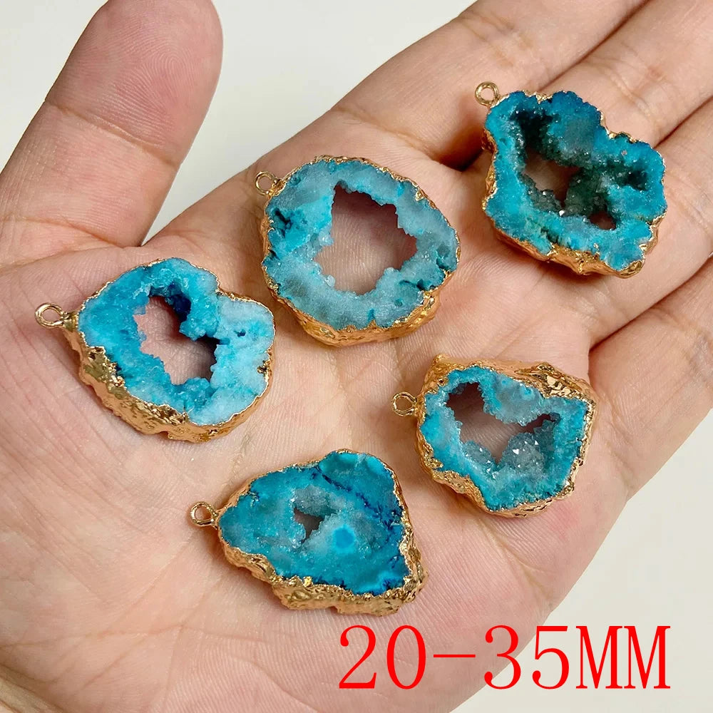 Sparkling Blue Druzy Quartz Pendants, Raw Stone Crystal Agates, Connectors and Charms, 1pc