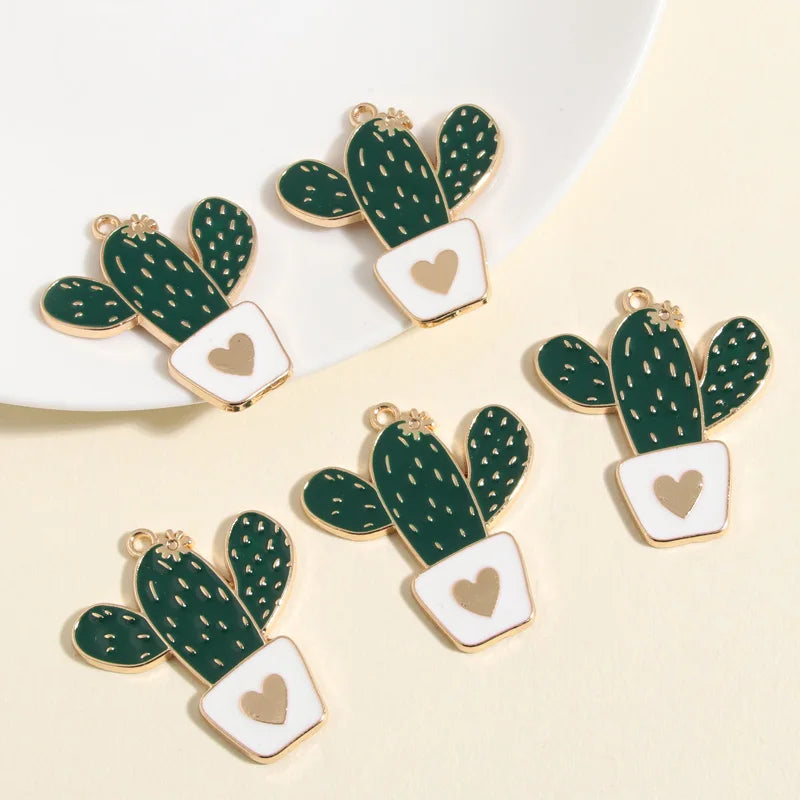 Enamel Heart Cactus Charms, 36x31mm, 5pcs