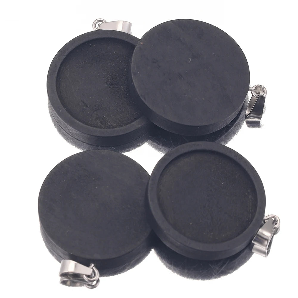 Black Cabochon Base Wooden Blank, Stainless Steel Pendant Trays, 10pcs 20/25/30mm