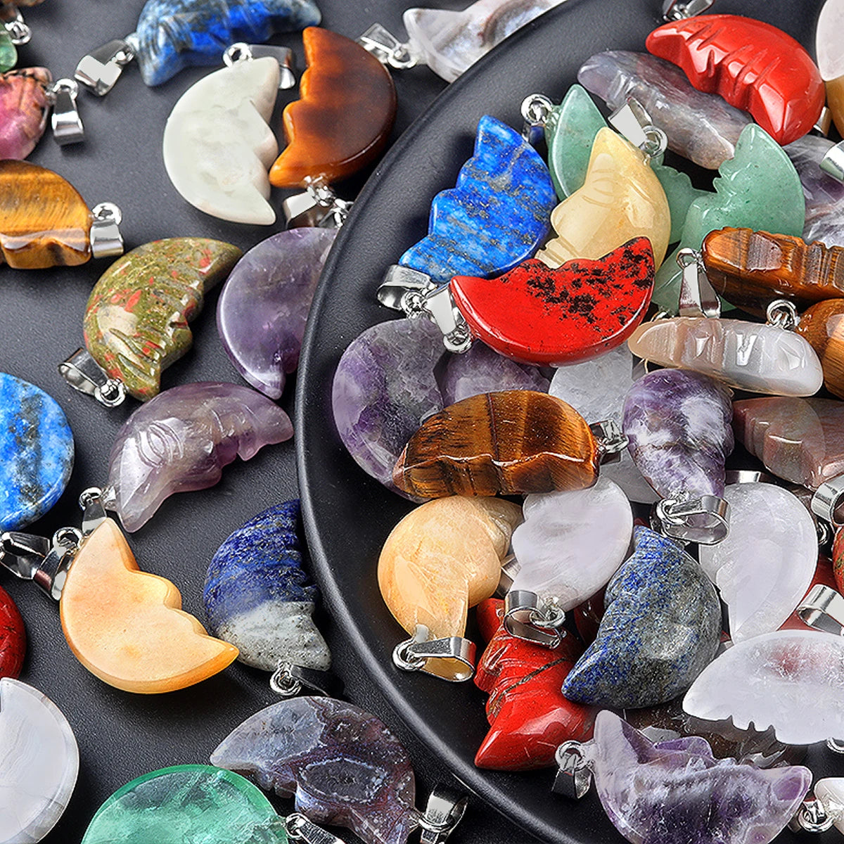 Bohemian Moon Crystal Pendants, Natural Gemstones, Handmade, Carved, 1PC