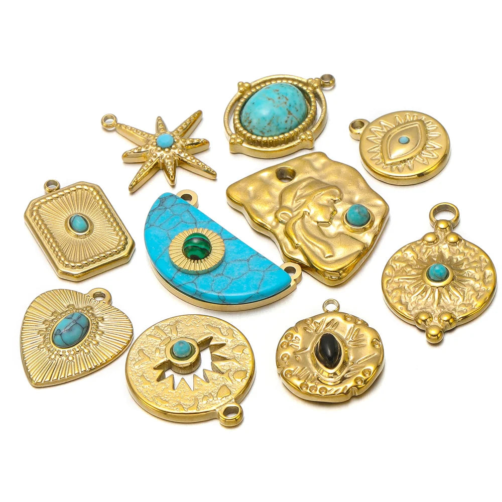 Turquoise & Gold Plated Stainless Steel Pendants, Connector Charms, 5pcs