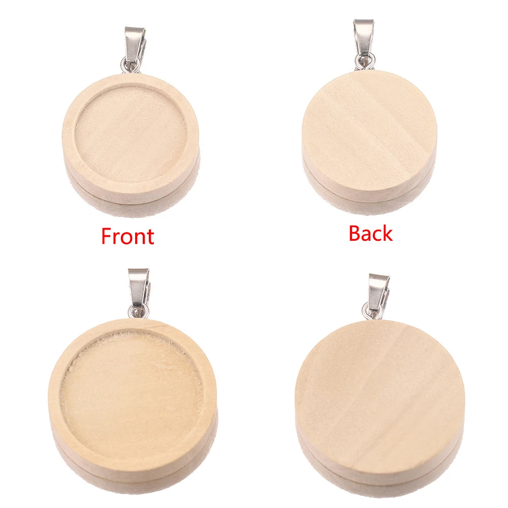 Natural Wooden Cabochon Base Blanks, Stainless Steel Pendant Trays, 10pcs 20/25/30/40mm