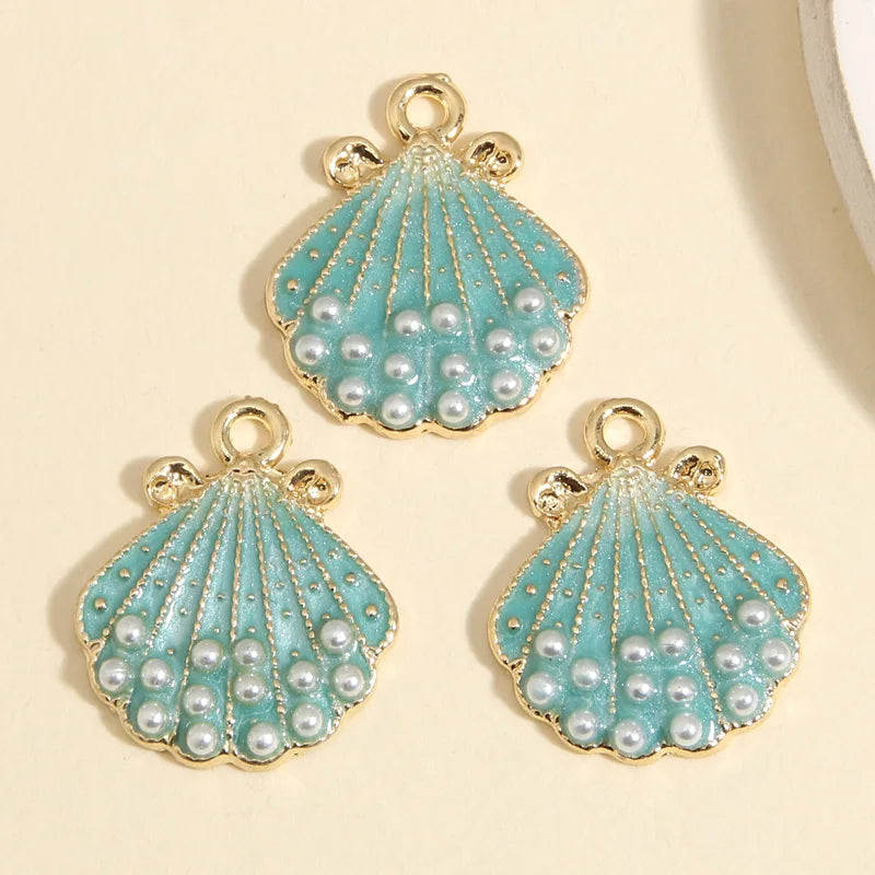 Turquoise Mint and Gold Enamel Shell Pearl Charms 21.5x18.5mm, 5pcs