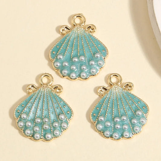 Turquoise Mint and Gold Enamel Shell Pearl Charms 21.5x18.5mm, 5pcs