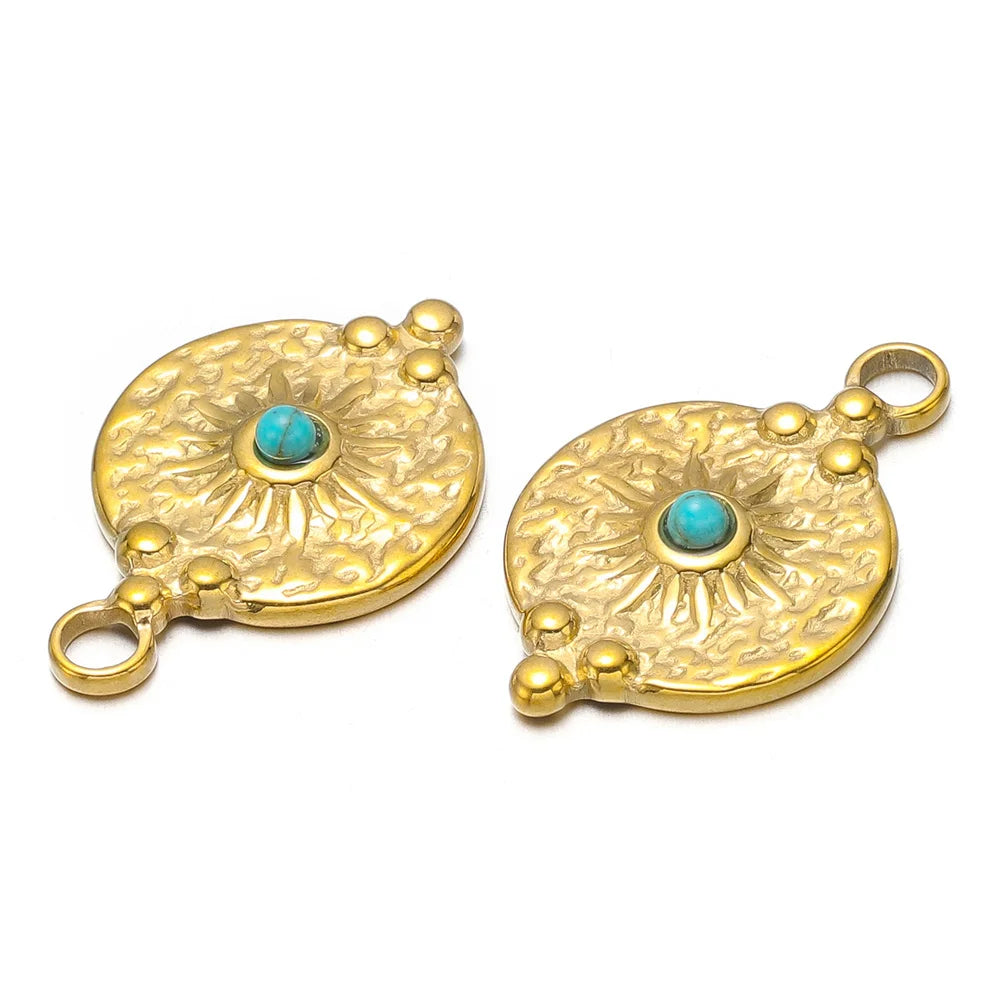 Turquoise & Gold Plated Stainless Steel Pendants, Connector Charms, 5pcs