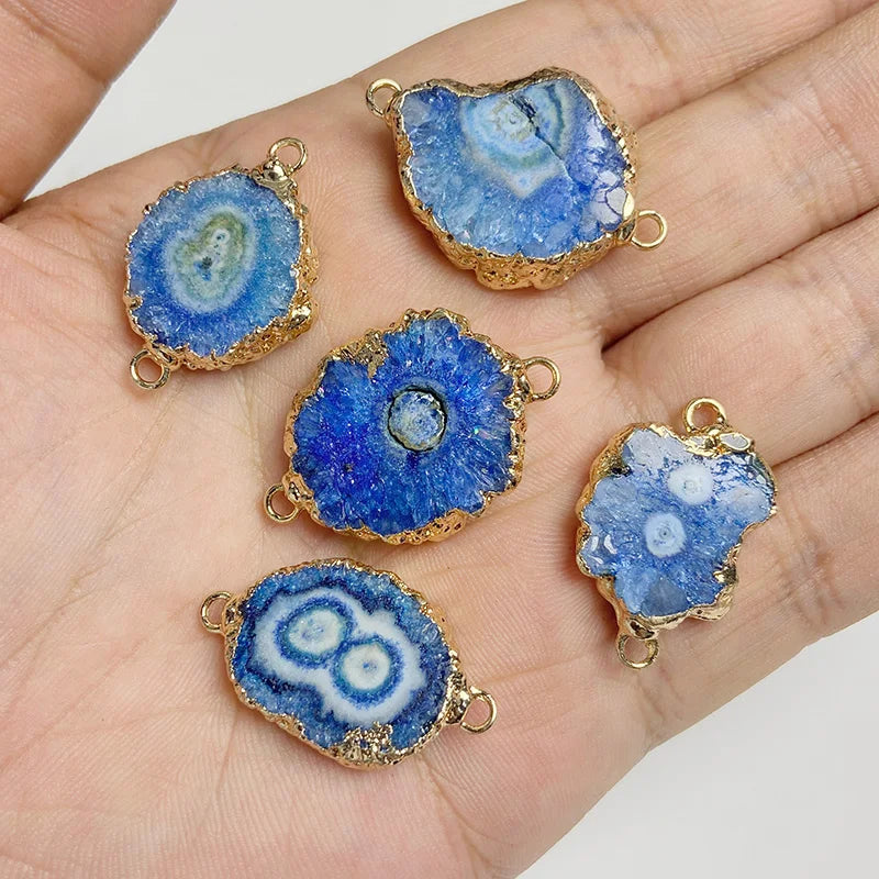 Sparkling Blue Druzy Quartz Pendants, Raw Stone Crystal Agates, Connectors and Charms, 1pc