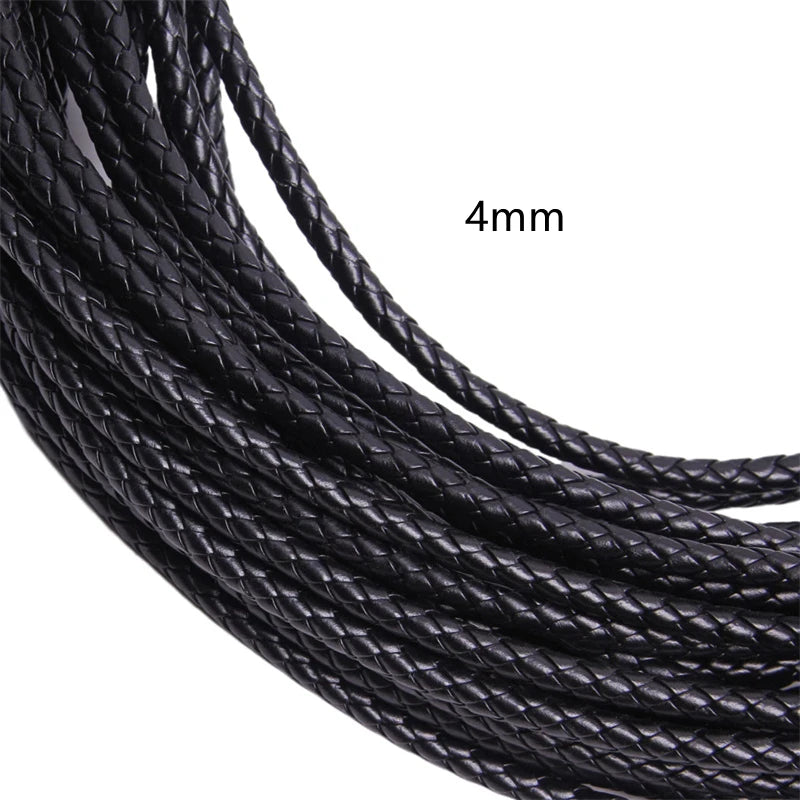 5m Black Round Braided Genuine Real Leather Cord