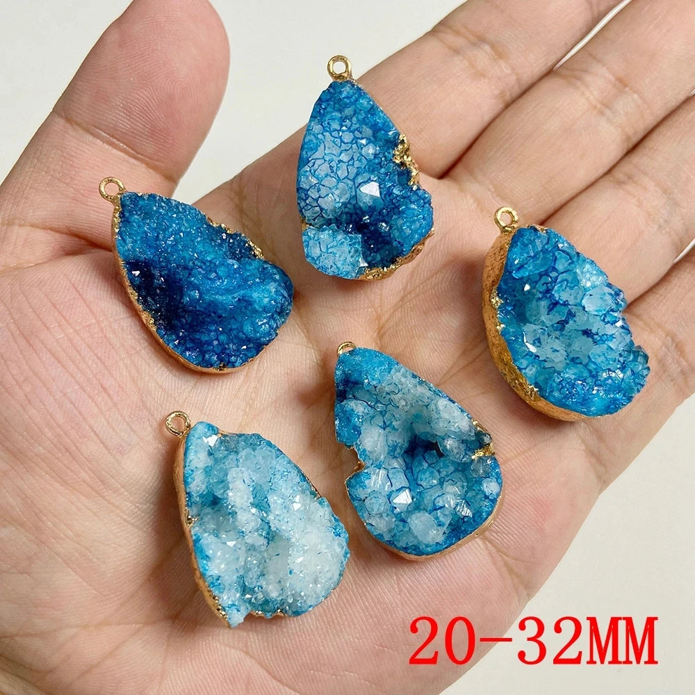 Sparkling Blue Druzy Quartz Pendants, Raw Stone Crystal Agates, Connectors and Charms, 1pc