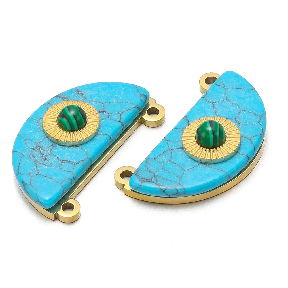 Turquoise & Gold Plated Stainless Steel Pendants, Connector Charms, 5pcs