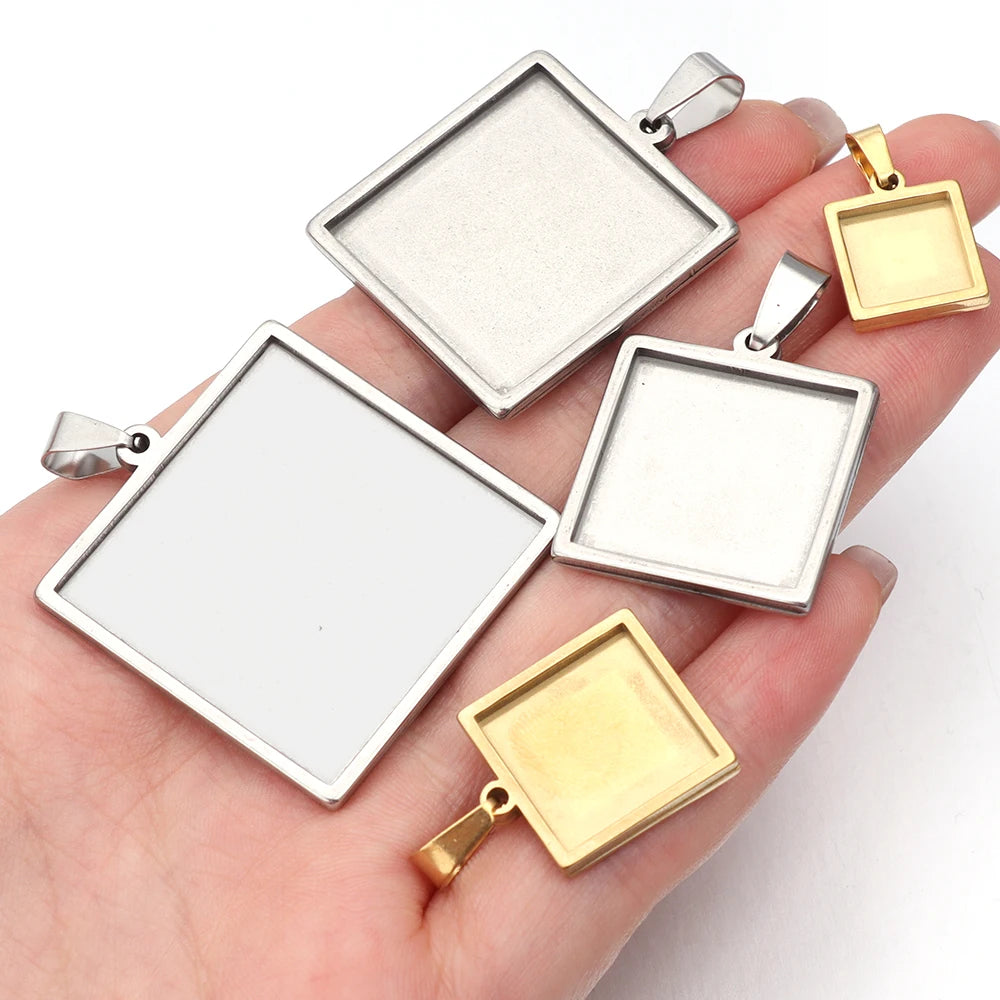 Stainless Steel Square Pendant Blank Trays, 2 Pcs,  10/15/20/25/30mm Bezel Bases