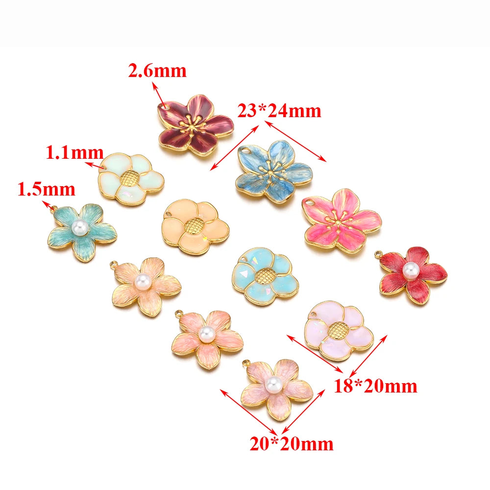 Enamel Flowers, Single Hole Charms, Stainless Steel, 5pcs