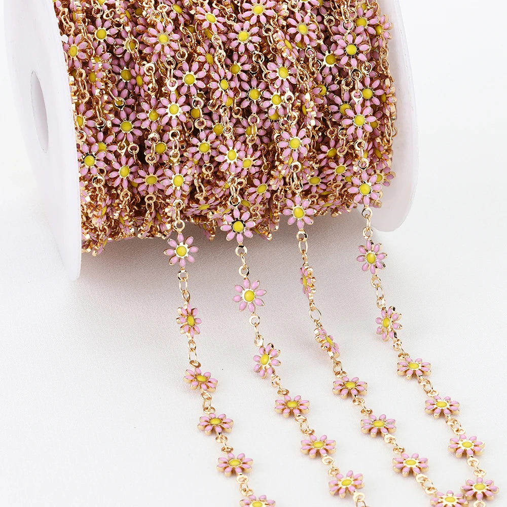 Daisy Flower Copper Chain with Enamel Beads, 1 Meter