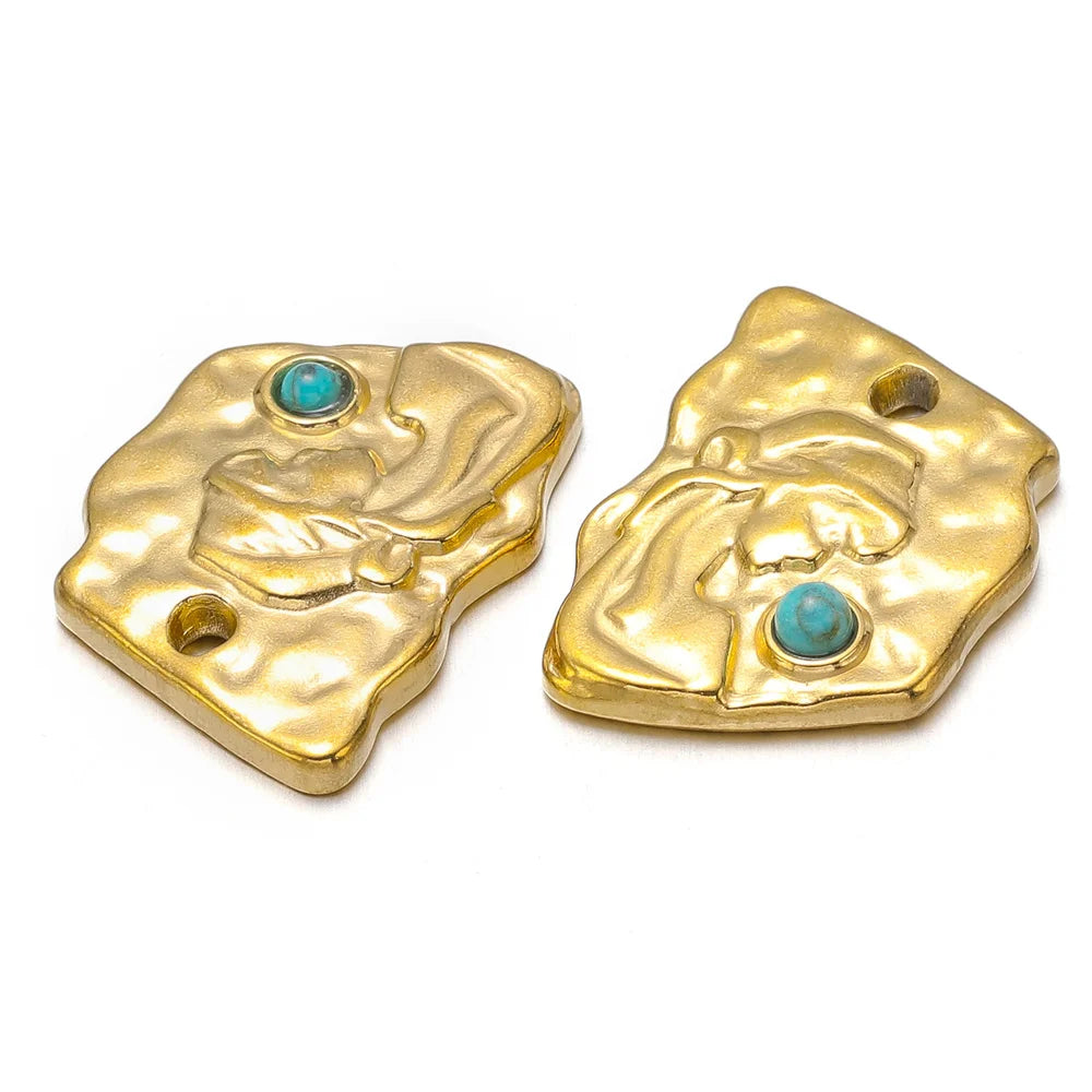 Turquoise & Gold Plated Stainless Steel Pendants, Connector Charms, 5pcs