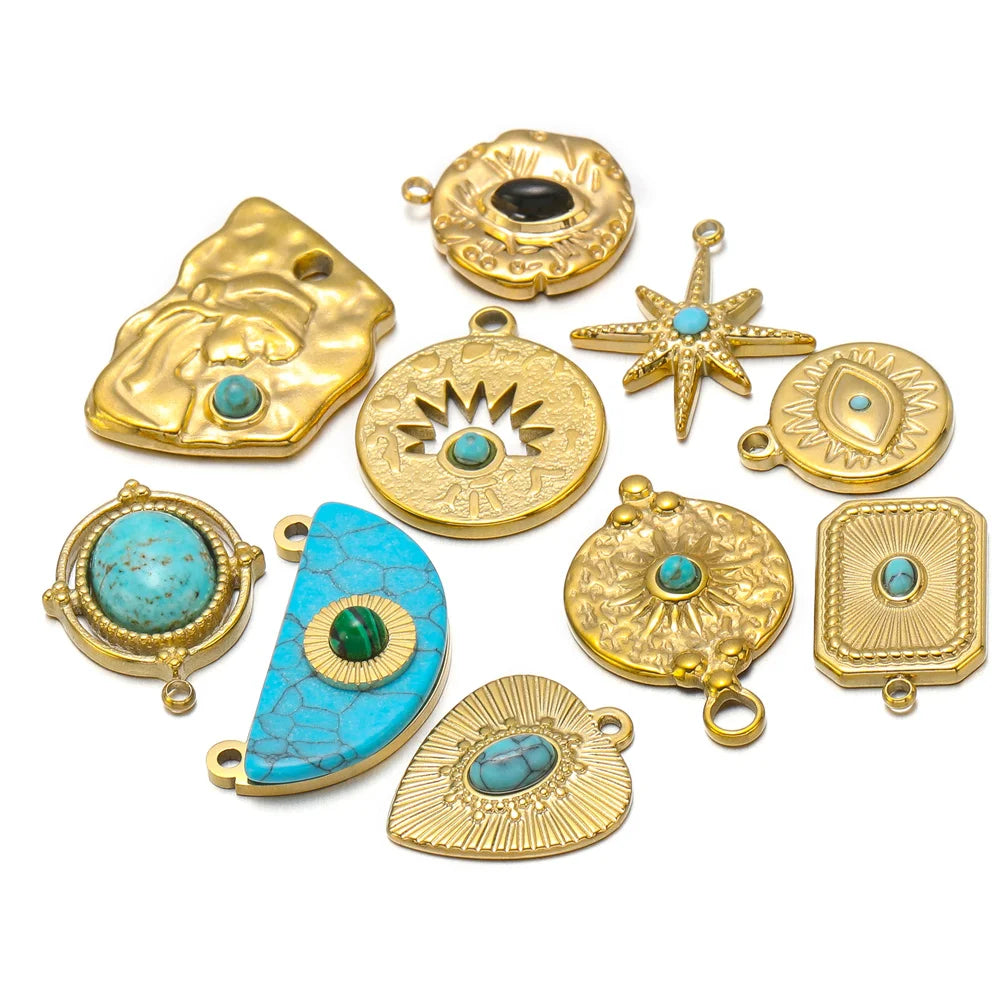 Turquoise & Gold Plated Stainless Steel Pendants, Connector Charms, 5pcs