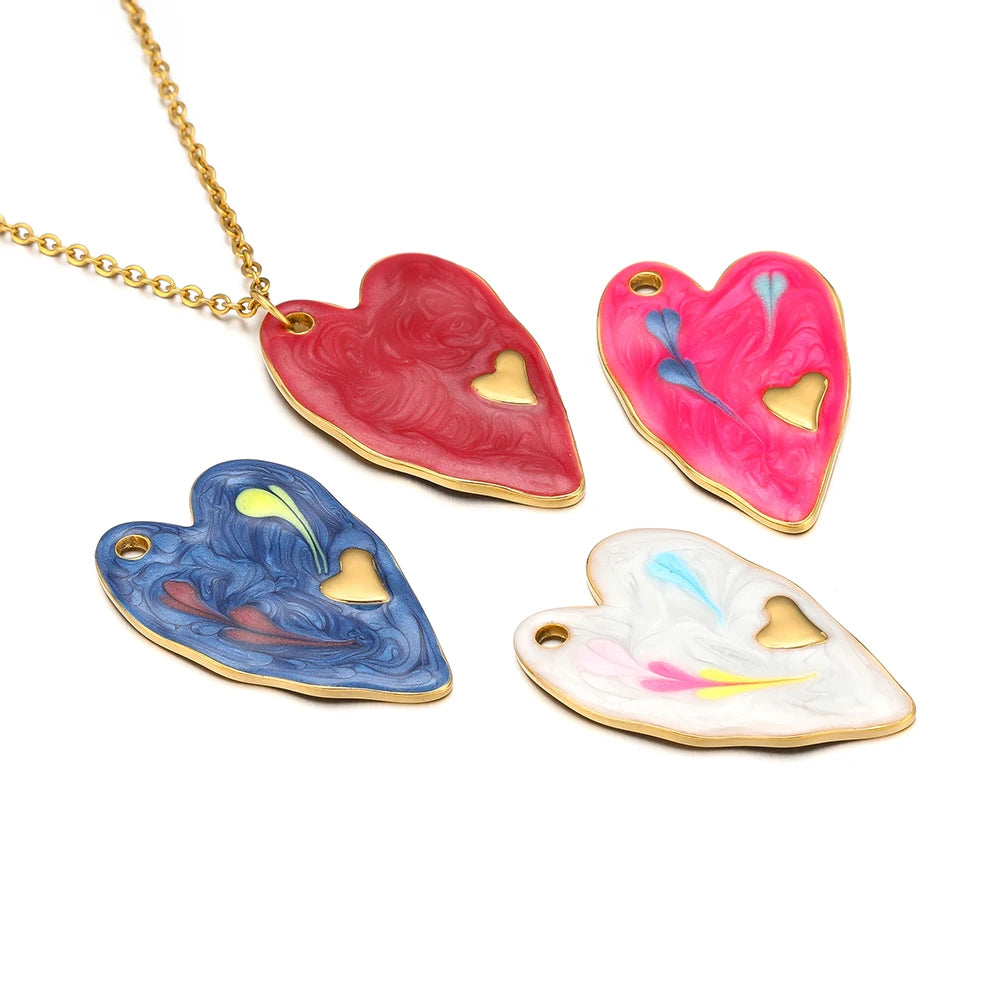 Single Hole Heart Enamel Charms, 5pcs, 18k Gold Plated Stainless Steel