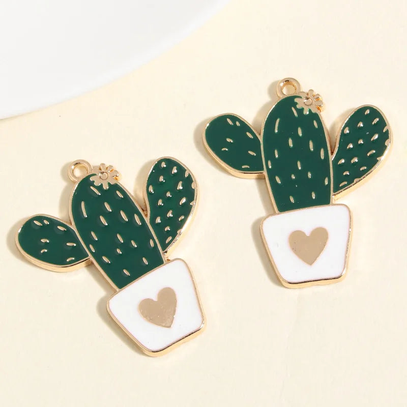 Enamel Heart Cactus Charms, 36x31mm, 5pcs