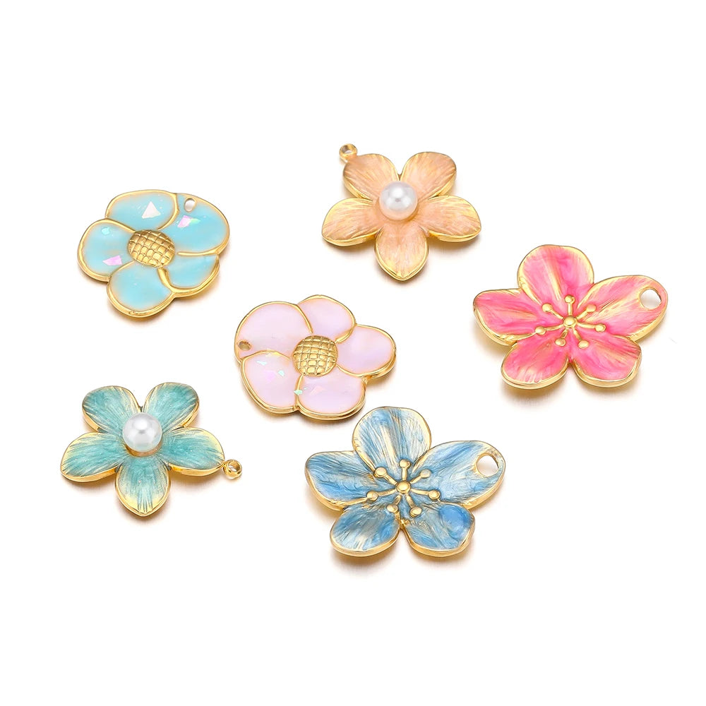 Enamel Flowers, Single Hole Charms, Stainless Steel, 5pcs