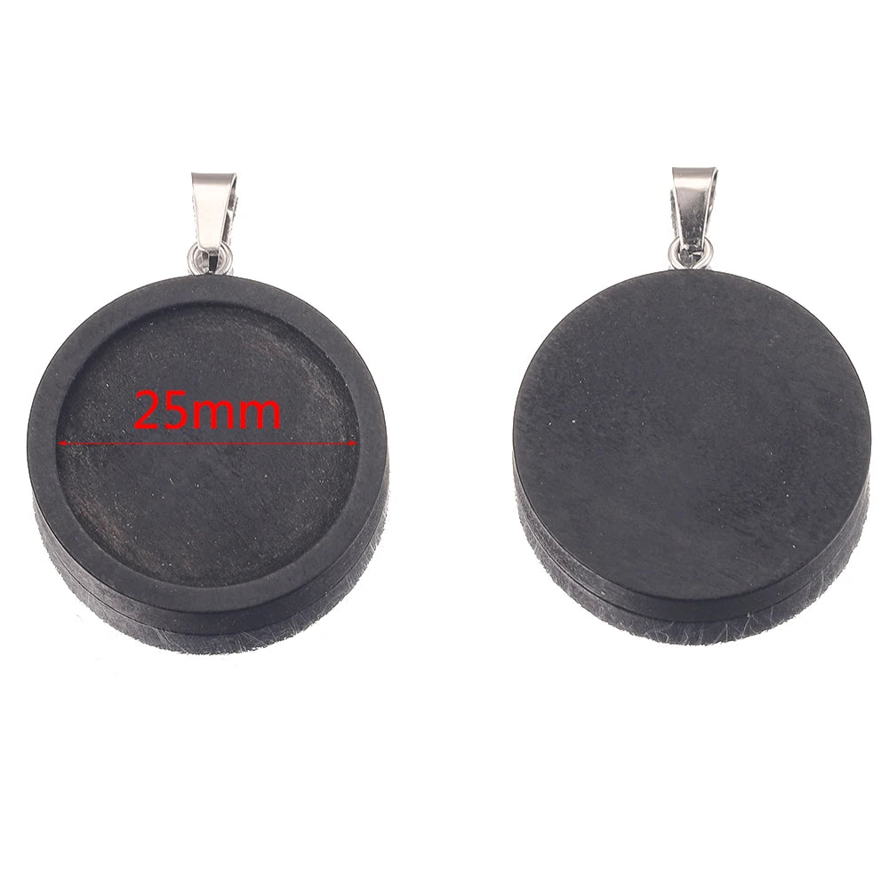 Black Cabochon Base Wooden Blank, Stainless Steel Pendant Trays, 10pcs 20/25/30mm