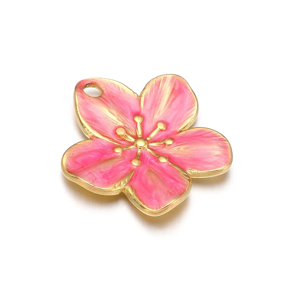 Enamel Flowers, Single Hole Charms, Stainless Steel, 5pcs