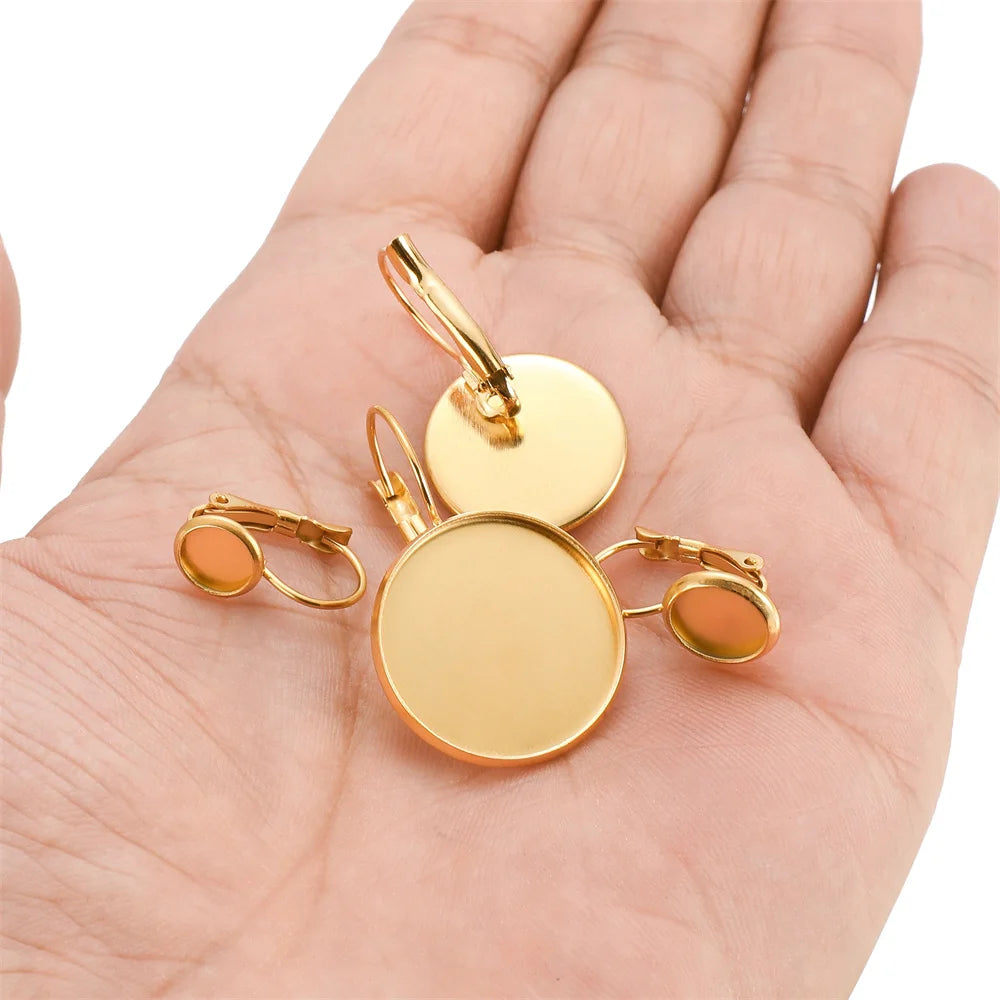 French Lever Cabochon Earring Blanks, Stainless Steel Gold Plated 6/8/10/12/14/16/18/20/25mm