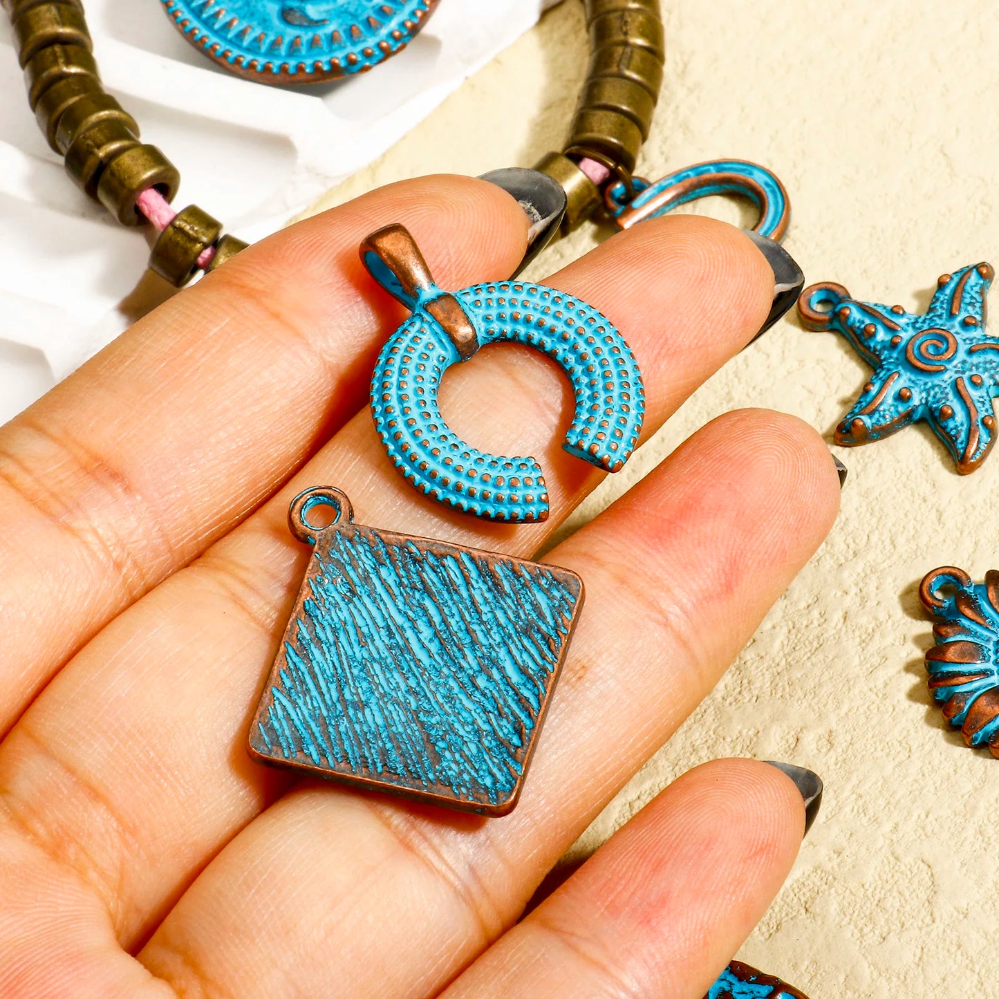 Bohemian Ocean Jewelry Charms  in Antique Copper Blue Patina 20pcs