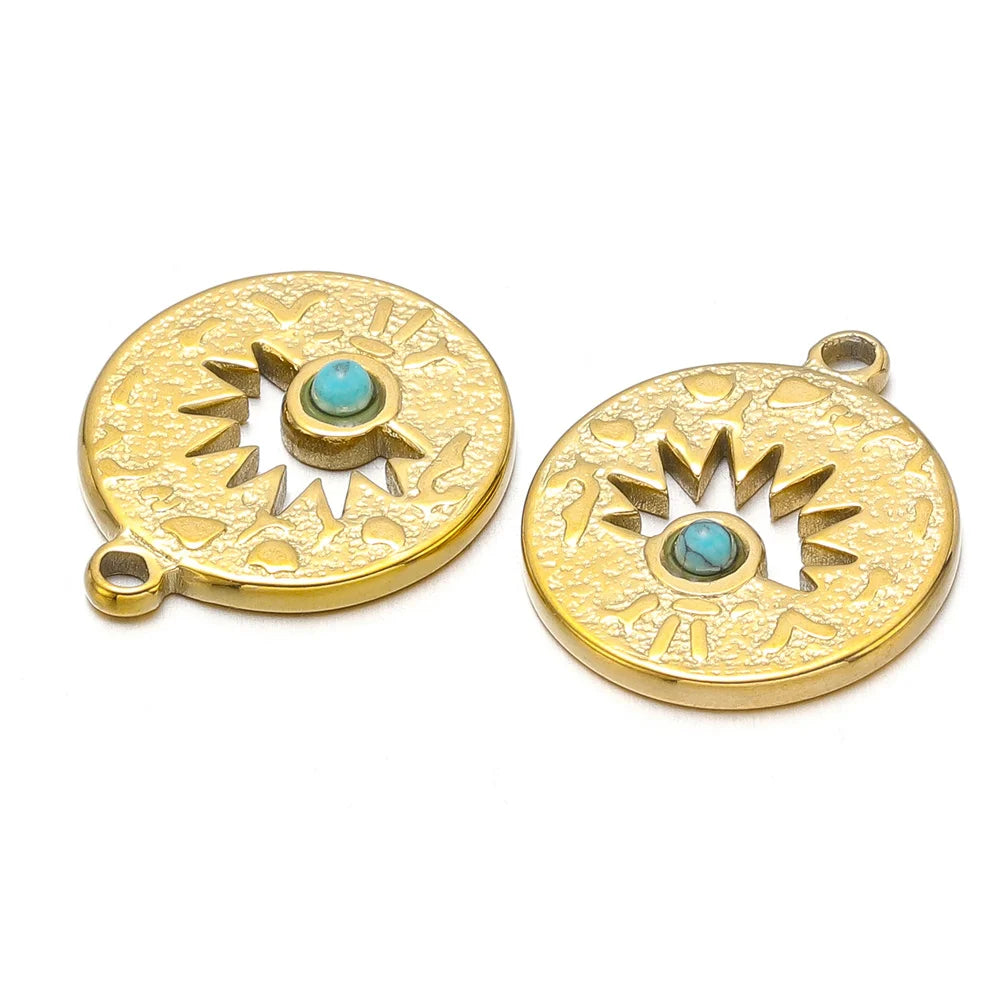 Turquoise & Gold Plated Stainless Steel Pendants, Connector Charms, 5pcs