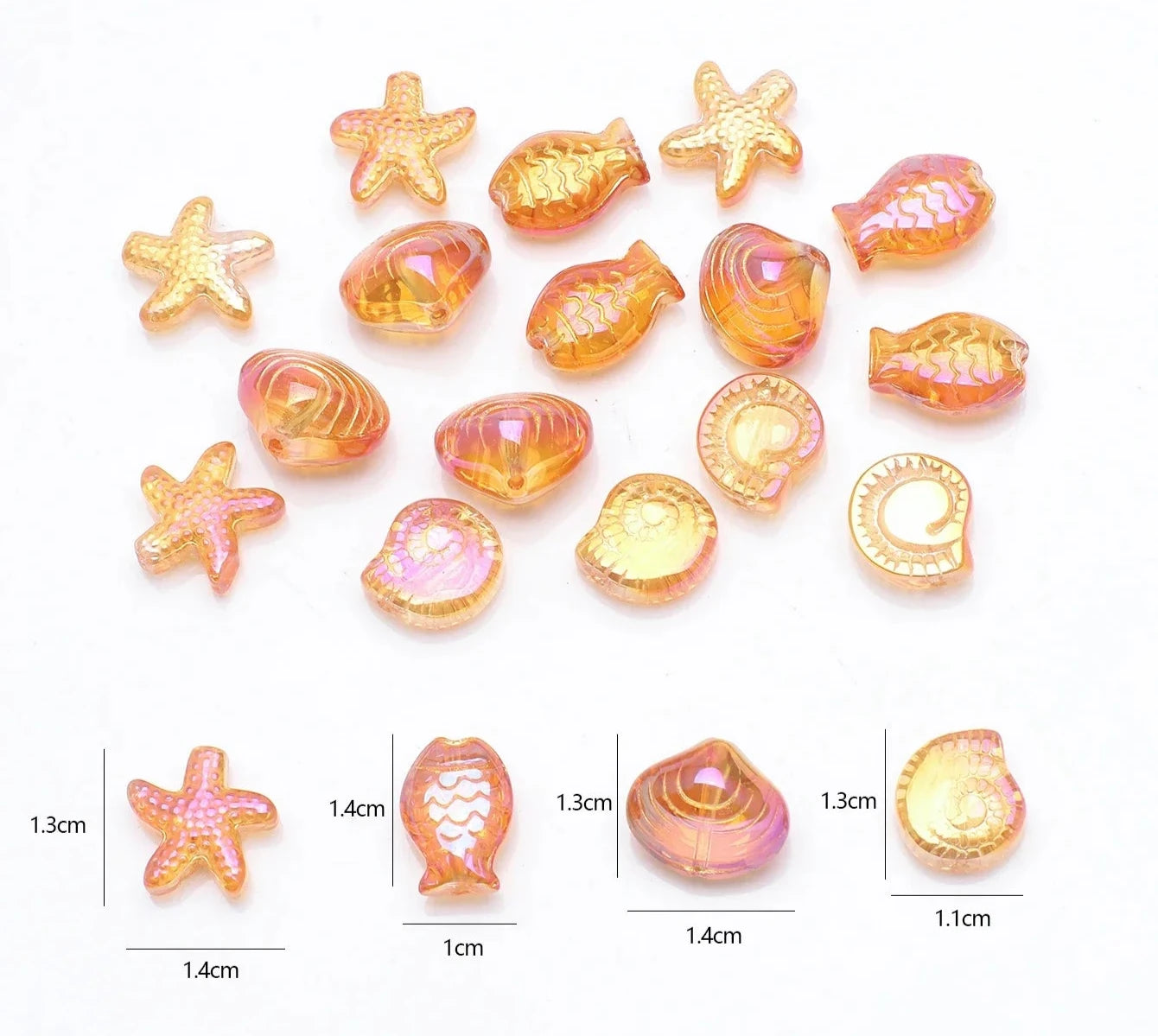 Crystal Ocean Collection, 20Pcs Mixed Glass Beads,  Starfish /Snail /Shell /Small Fish