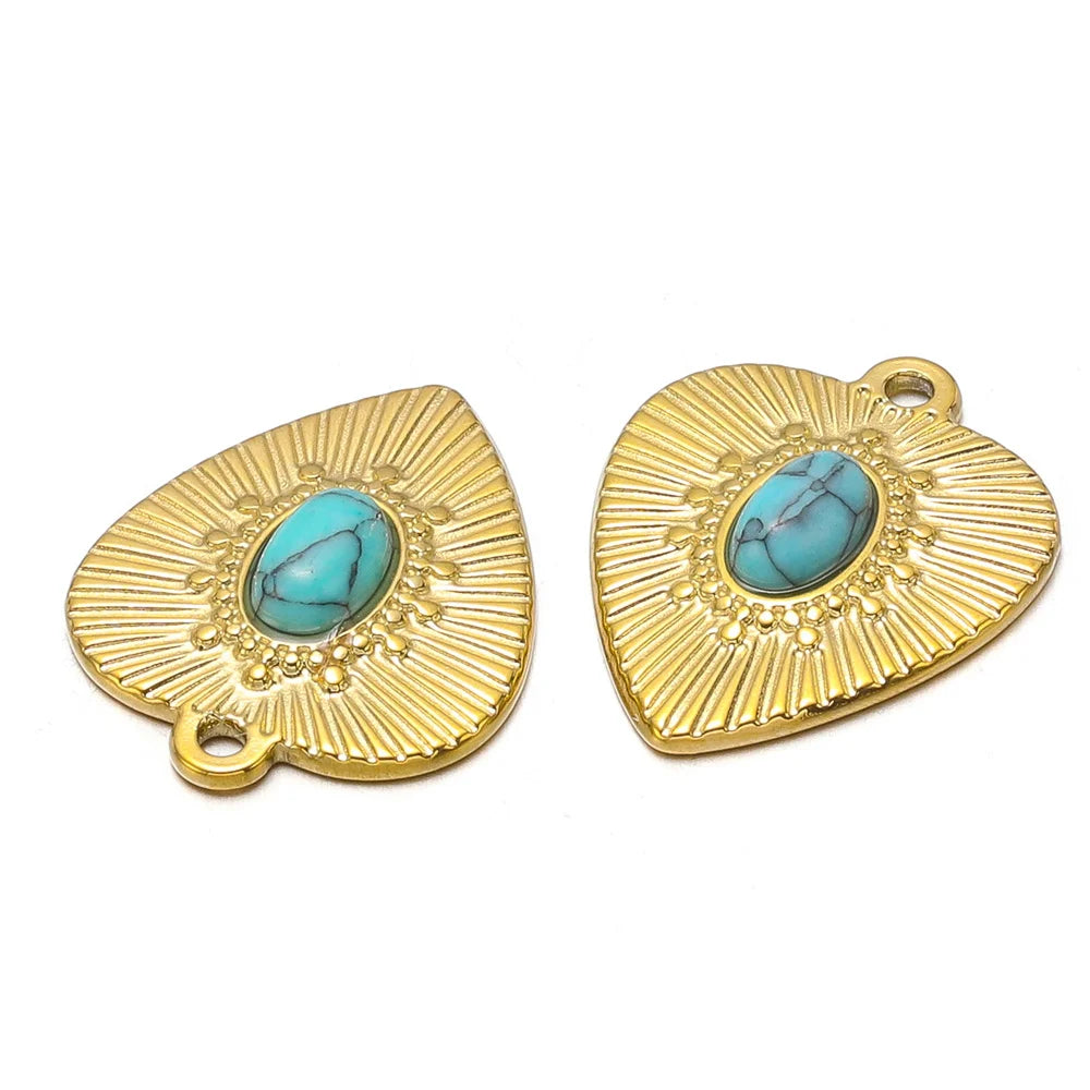 Turquoise & Gold Plated Stainless Steel Pendants, Connector Charms, 5pcs