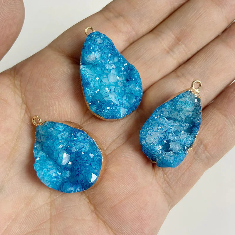 Sparkling Blue Druzy Quartz Pendants, Raw Stone Crystal Agates, Connectors and Charms, 1pc